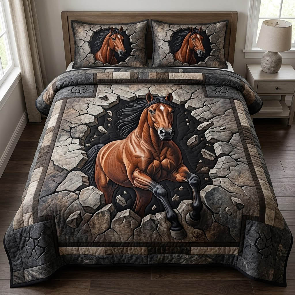 Running Horse 3 Piece Quilted Bedding Set Gift For Horse Lovers