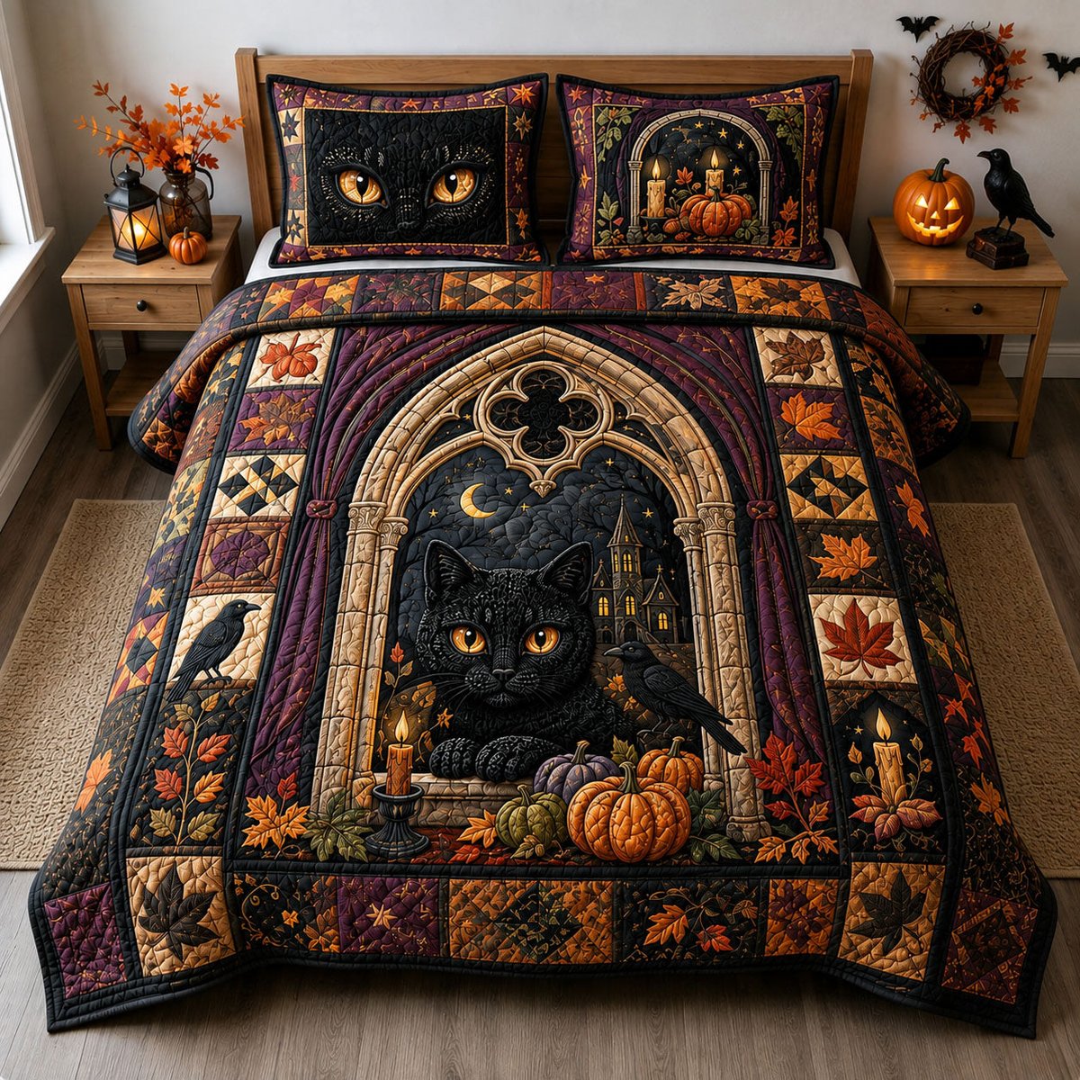 Black Cat Gothic 3 Piece Quilted Bedding Set Halloween Gift For Cat Lovers