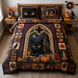 Black Cat Gothic 3 Piece Quilted Bedding Set Halloween Gift For Cat Lovers