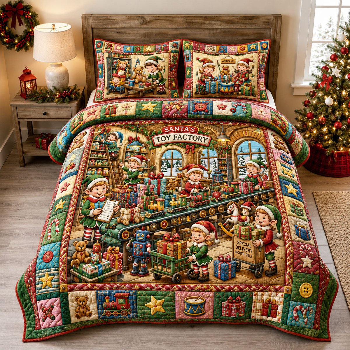 Santas Toy Factory 3 Piece Quilted Bedding Set Gift For Holiday Decor Lovers