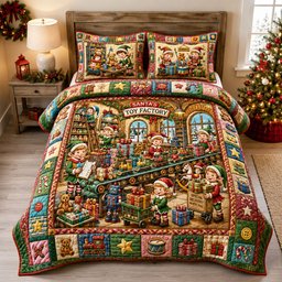 Santas Toy Factory 3 Piece Quilted Bedding Set Gift For Holiday Decor Lovers