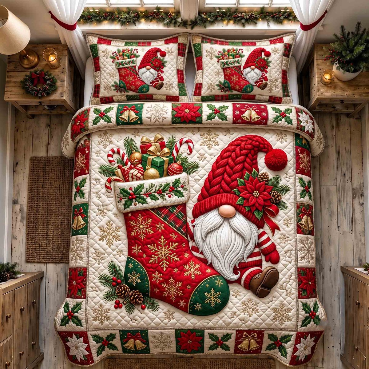 Cozy Gnome 3 Piece Quilted Bedding Set Christmas Gift For Holiday Decor Lovers