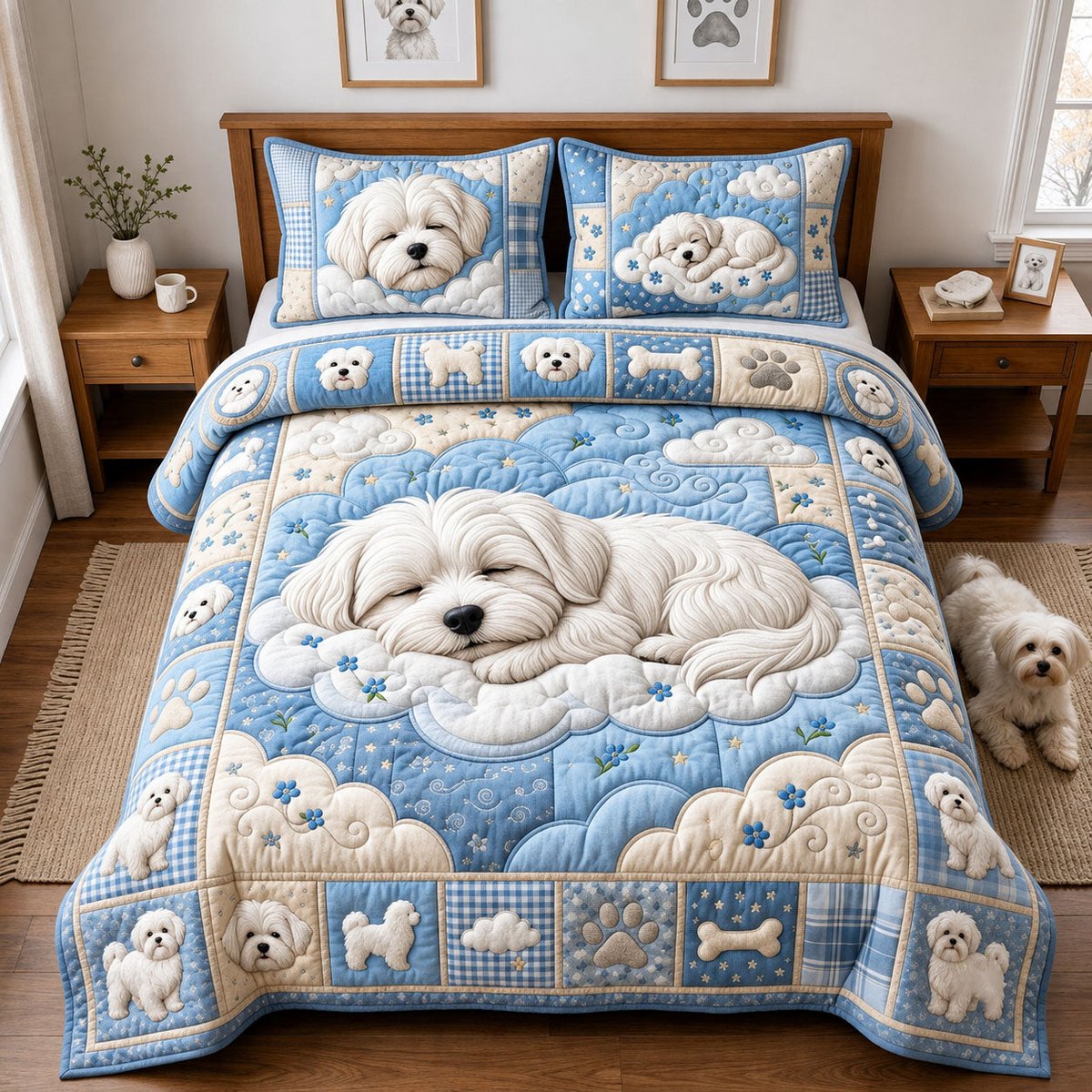 Sleeping Maltese Cat 3 Piece Quilted Bedding Set Gift For Cat Lovers