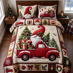 Gnome Red Truck 3 Piece Quilted Bedding Set Gift For Holiday Decor Lovers