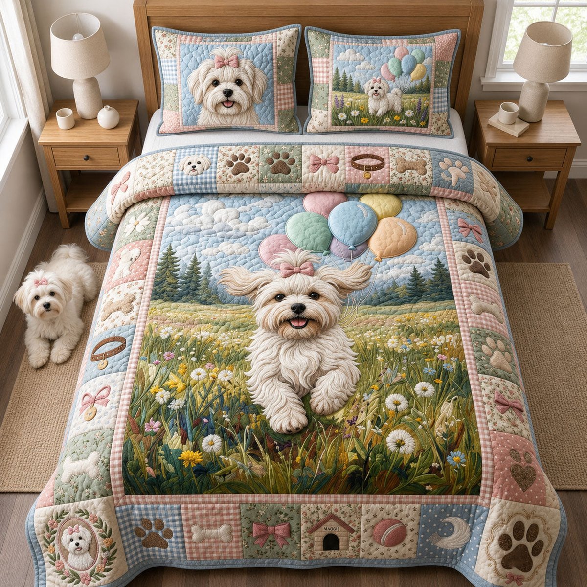 Happy Maltese Cat 3 Piece Quilted Bedding Set Gift For Cat Lovers