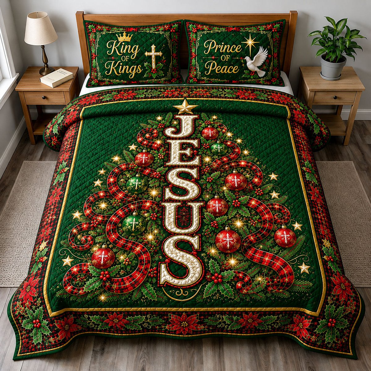 Jesus Tree 3 Piece Quilted Bedding Set Christmas Gift For Christians
