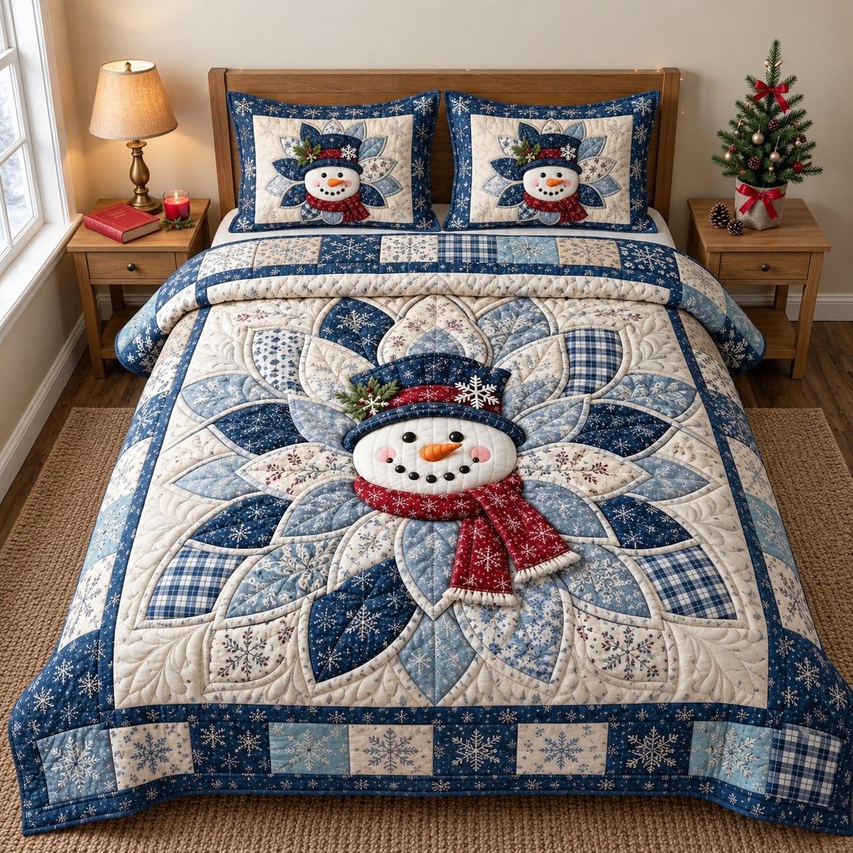 Icy Snowman 3 Piece Quilted Bedding Set Gift For Holiday Decor Lovers