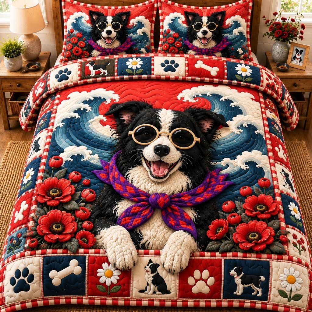 Loyal Border Collie 3 Piece Quilted Bedding Set Gift For Dog Lovers
