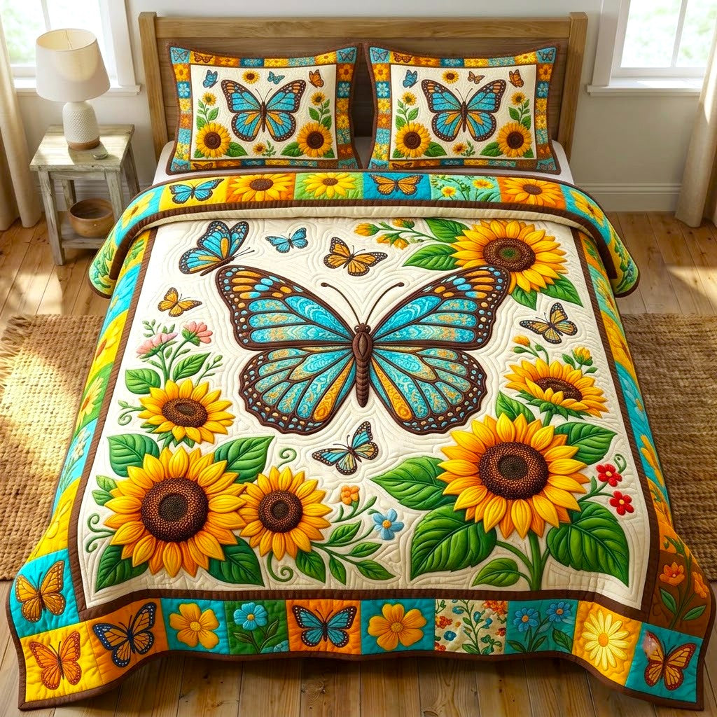 Butterfly Garden 3 Piece Quilted Bedding Set Gift For Butterfly Lovers
