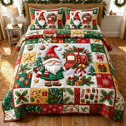 Festive Gnome 3 Piece Quilted Bedding Set Christmas Gift For Holiday Decor Lovers