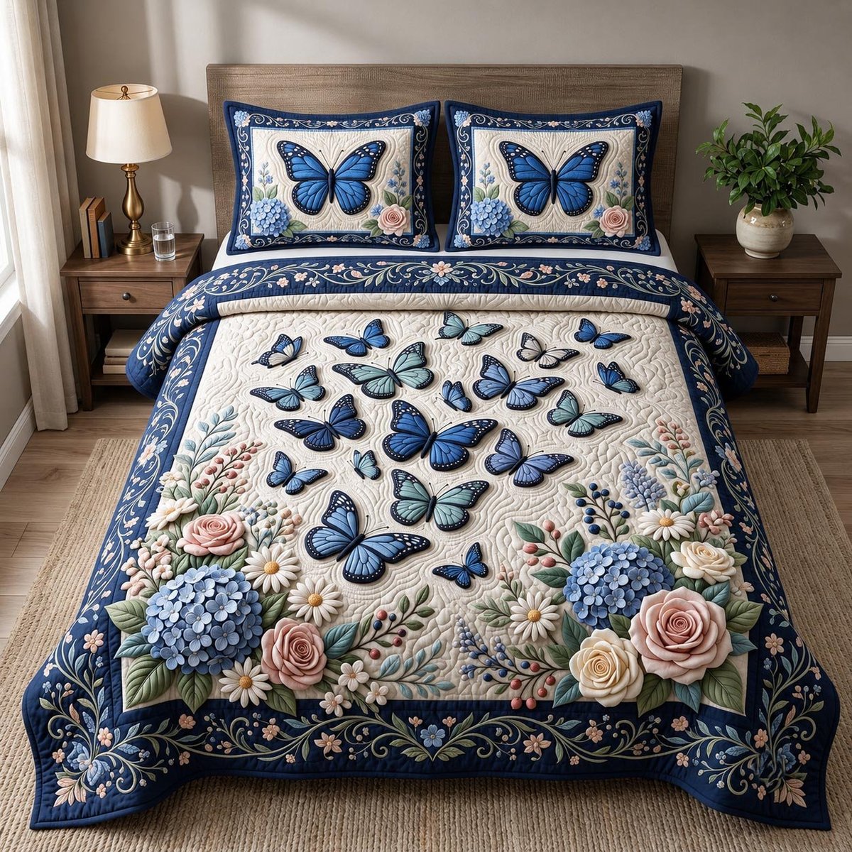 Butterfly Garden 3 Piece Quilted Bedding Set Gift For Butterfly Lovers