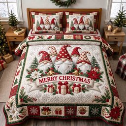 Cozy Gnome 3 Piece Quilted Bedding Set Christmas Gift For Holiday Decor Lovers