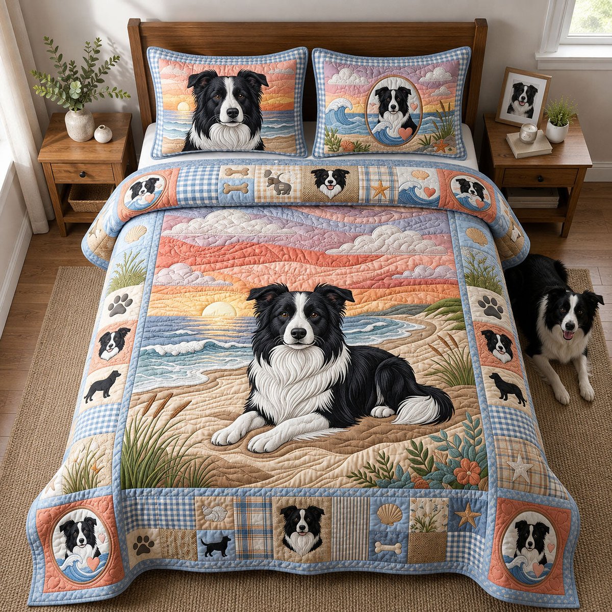 Sunset Hour Border Collie 3 Piece Quilted Bedding Set Gift For Nature Lovers