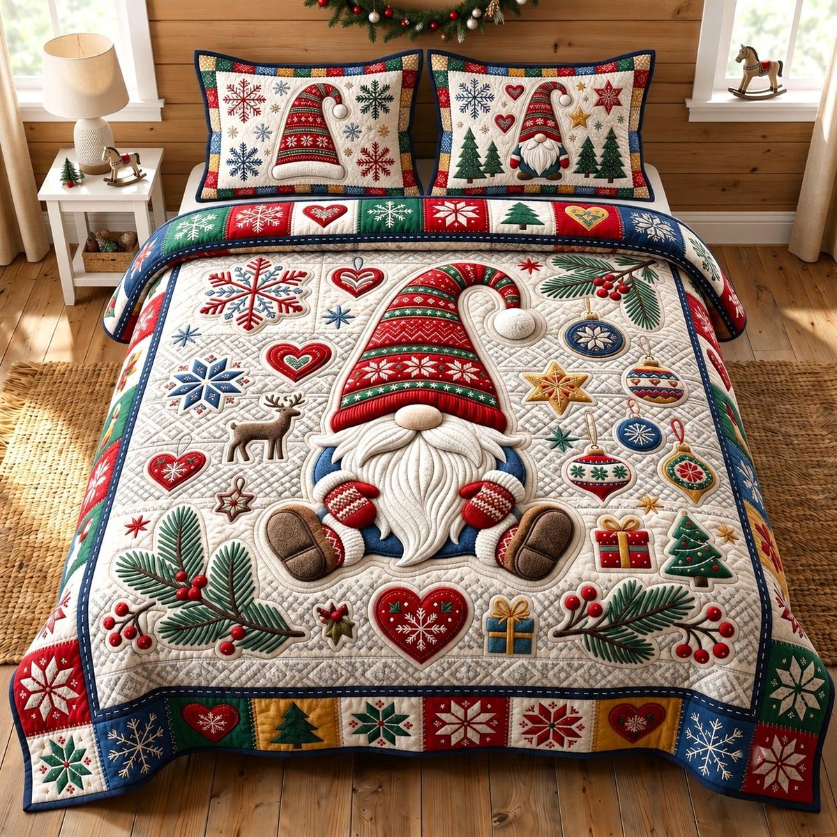 Festive Gnome 3 Piece Quilted Bedding Set Christmas Gift For Holiday Decor Lovers