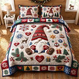 Festive Gnome 3 Piece Quilted Bedding Set Christmas Gift For Holiday Decor Lovers