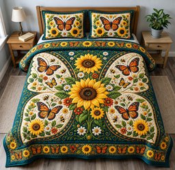 Sunflower Butterfly Bloom 3 Piece Quilted Bedding Set Gift For Butterfly Lovers