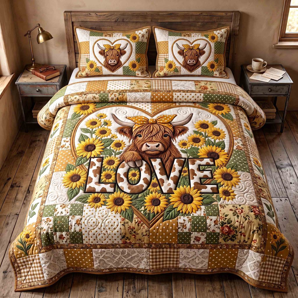 Highland Sunflower 3 Piece Quilted Bedding Set Gift For Cow Lovers