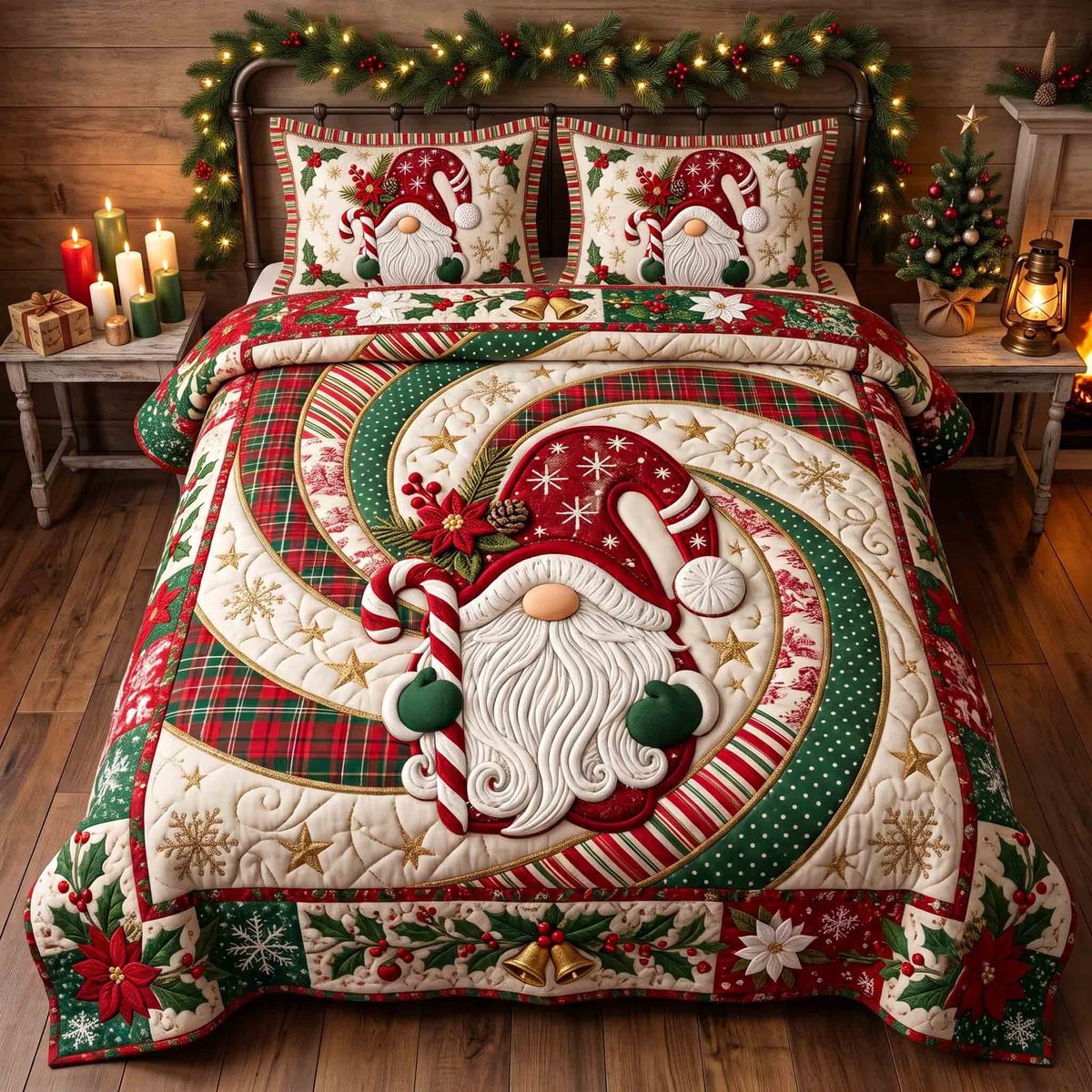 Cozy Gnome 3 Piece Quilted Bedding Set Christmas Gift For Holiday Decor Lovers