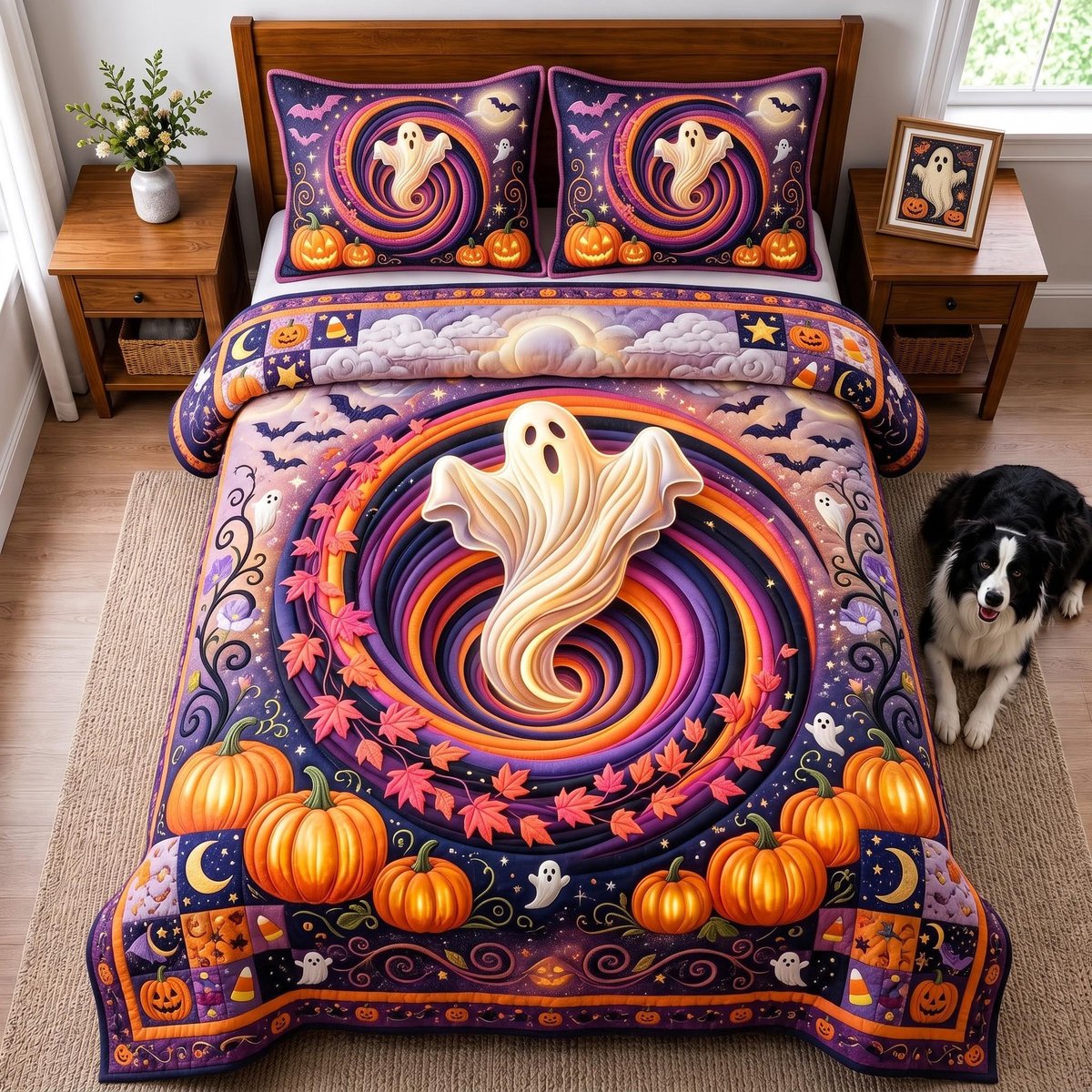 Ghost Swirl 3 Piece Quilted Bedding Set Halloween Gift For Gothic Decor Lovers