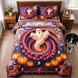 Ghost Swirl 3 Piece Quilted Bedding Set Halloween Gift For Gothic Decor Lovers