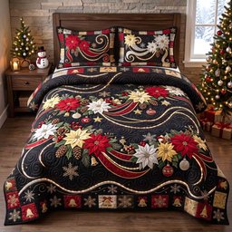 Poinsettia Charm 3 Piece Quilted Bedding Set Gift For Holiday Decor Lovers