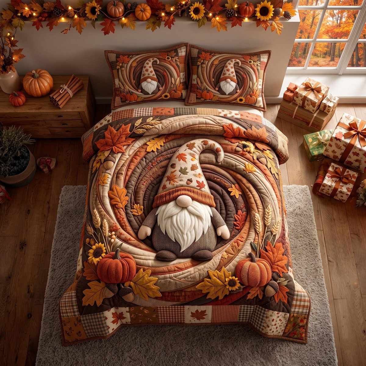 Harvest Gnome 3 Piece Quilted Bedding Set Gift For Holiday Decor Lovers