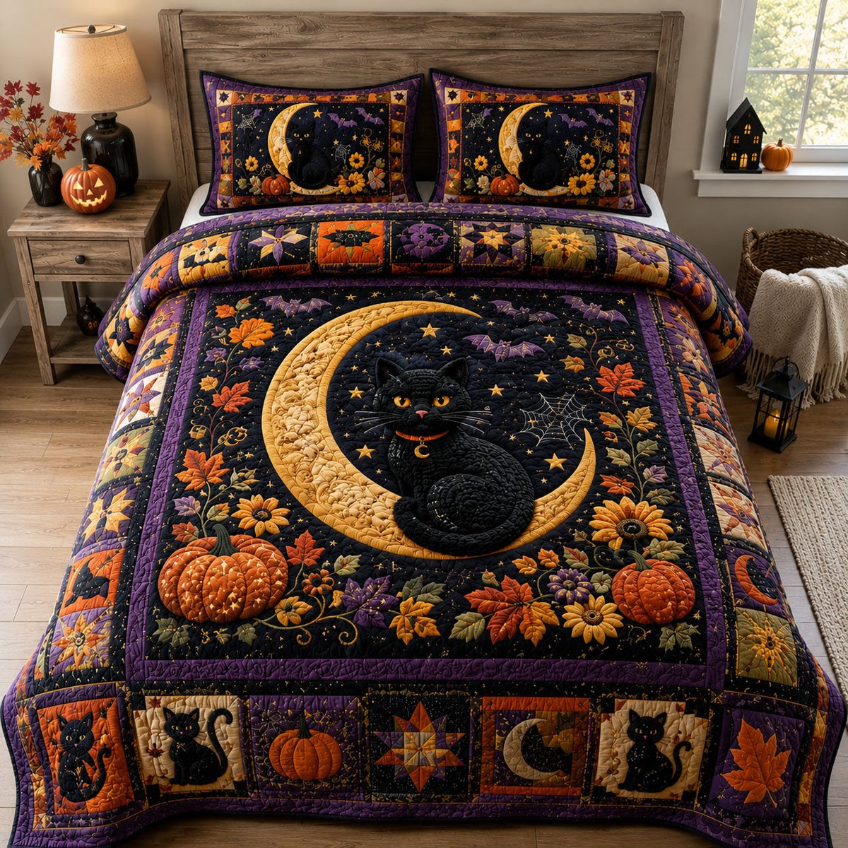 Black Cat Moonlight 3 Piece Quilted Bedding Set Gift For Cat Lovers