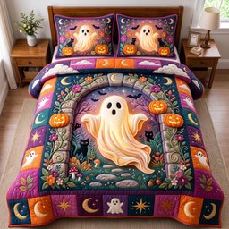 Spooky Ghost 3 Piece Quilted Bedding Set Halloween Gift For Gothic Decor Lovers