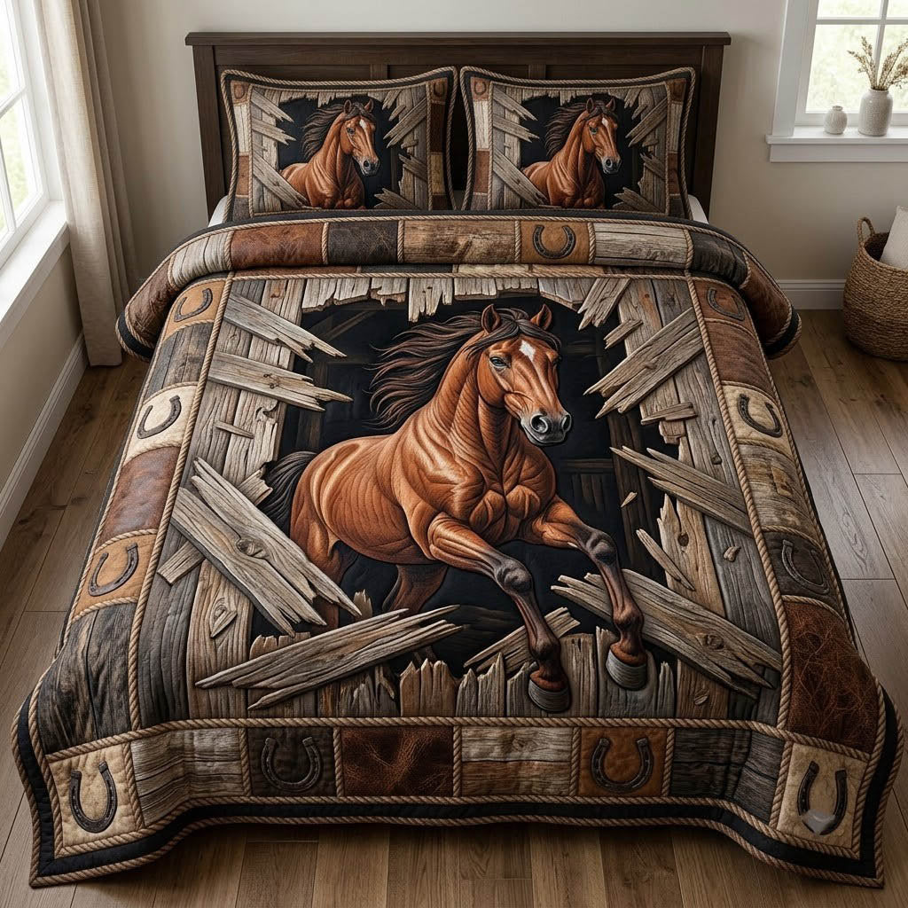 Running Horse 3 Piece Quilted Bedding Set Gift For Horse Lovers