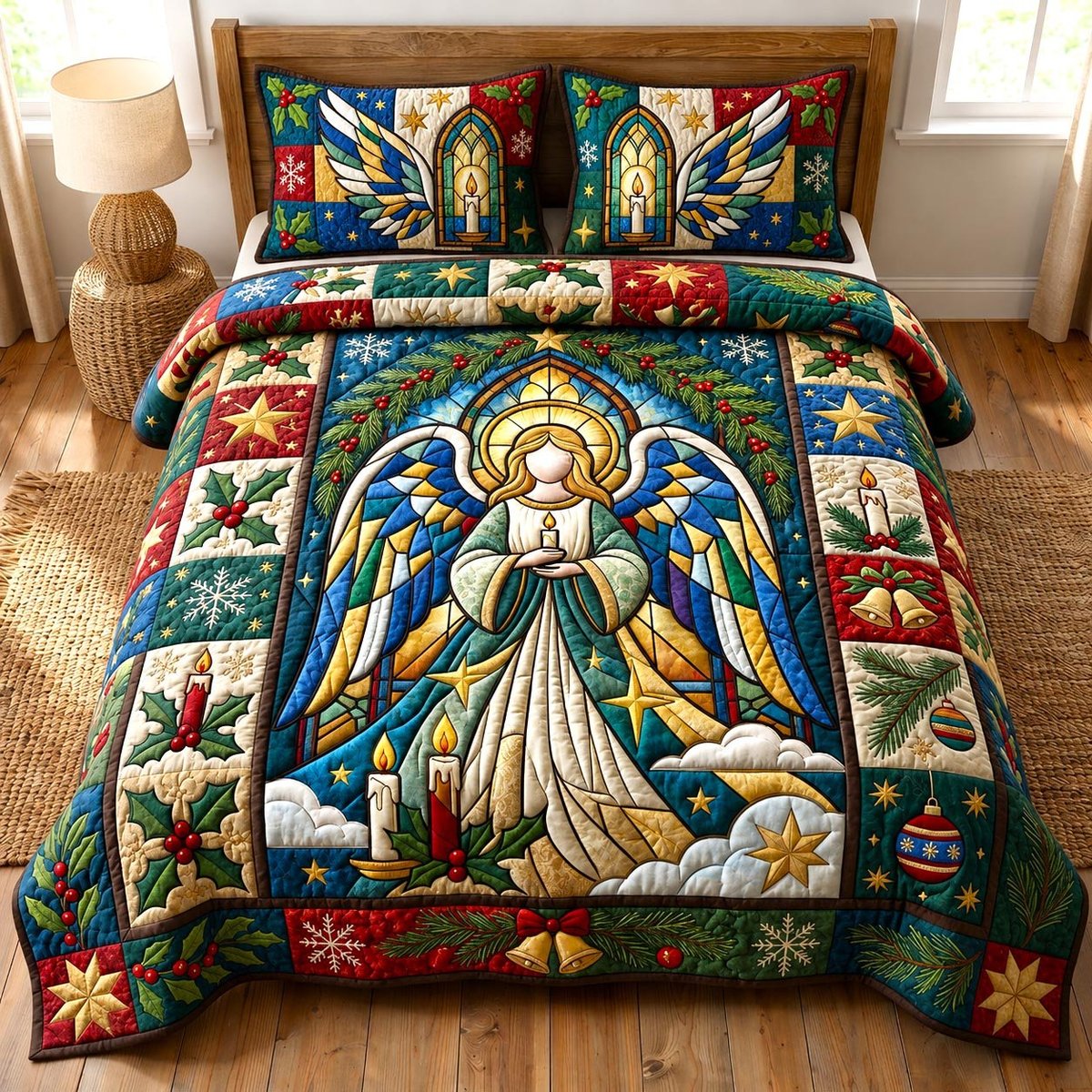 Angel Christian 3 Piece Quilted Bedding Set Christmas Gift For Holiday Decor Lovers