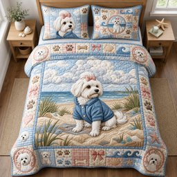 Ocean Maltese Cat 3 Piece Quilted Bedding Set Gift For Beach Lovers