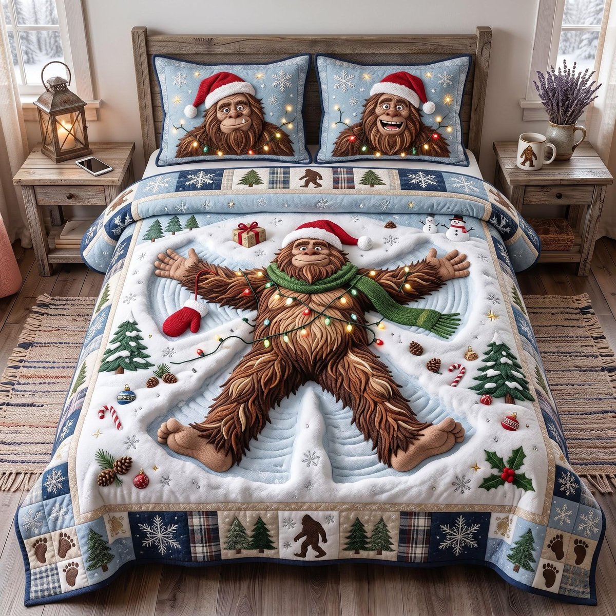 Snow Angel Bigfoot 3 Piece Quilted Bedding Set Christmas Gift For Holiday Decor Lovers