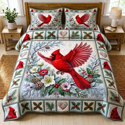 Cardinal Garden 3 Piece Quilted Bedding Set Gift For Bird Lovers
