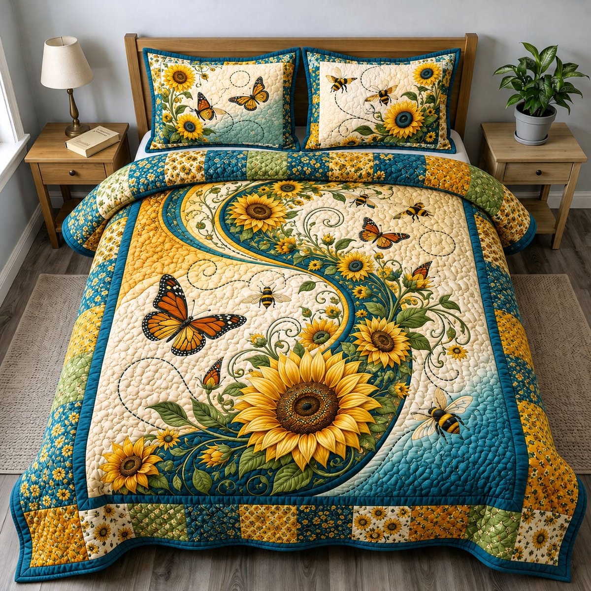Sunflower Bee Swirl 3 Piece Quilted Bedding Set Gift For Flower Lovers