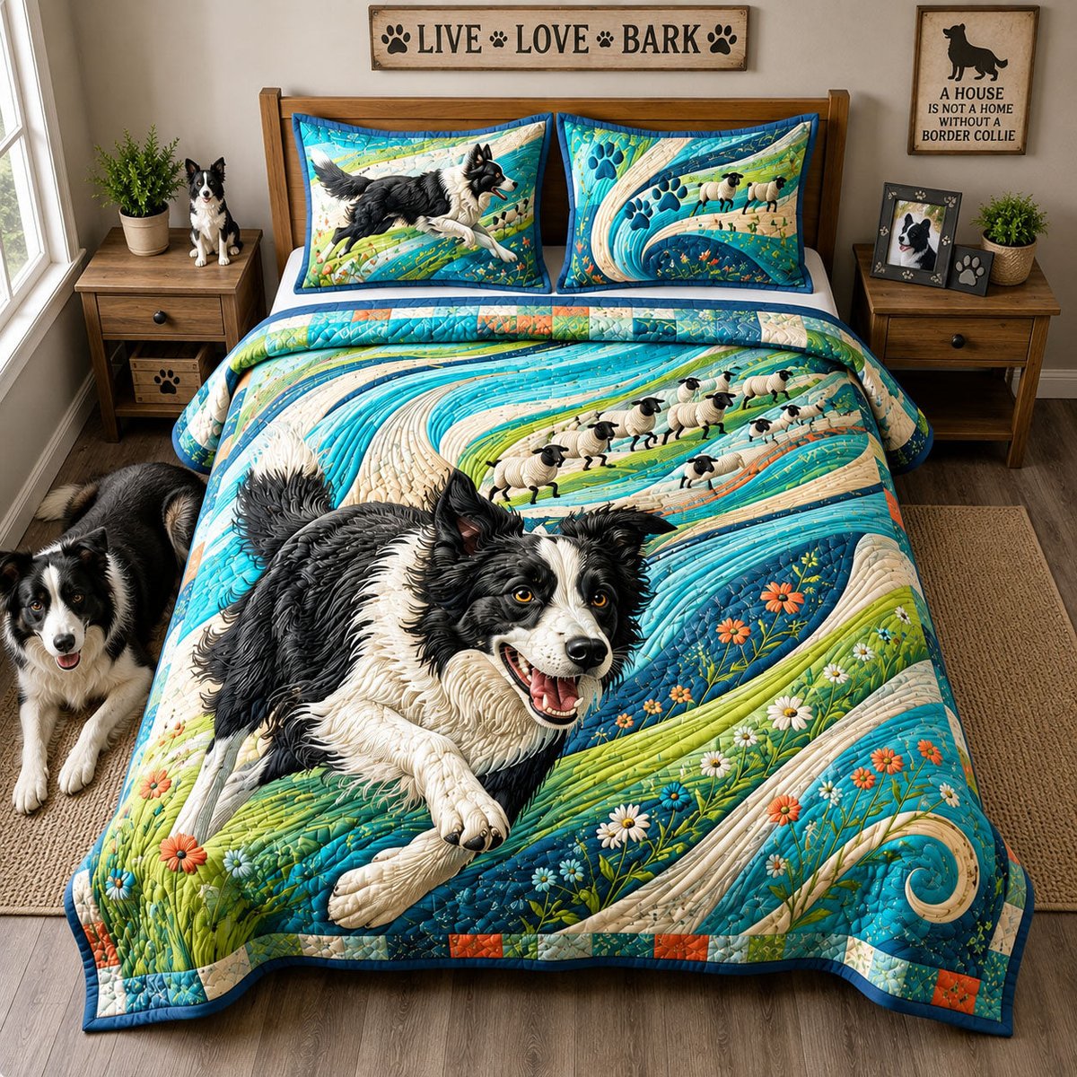 Border Collie Sheep Chase 3 Piece Quilted Bedding Set Gift For Dog Lovers