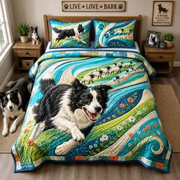 Border Collie Sheep Chase 3 Piece Quilted Bedding Set Gift For Dog Lovers