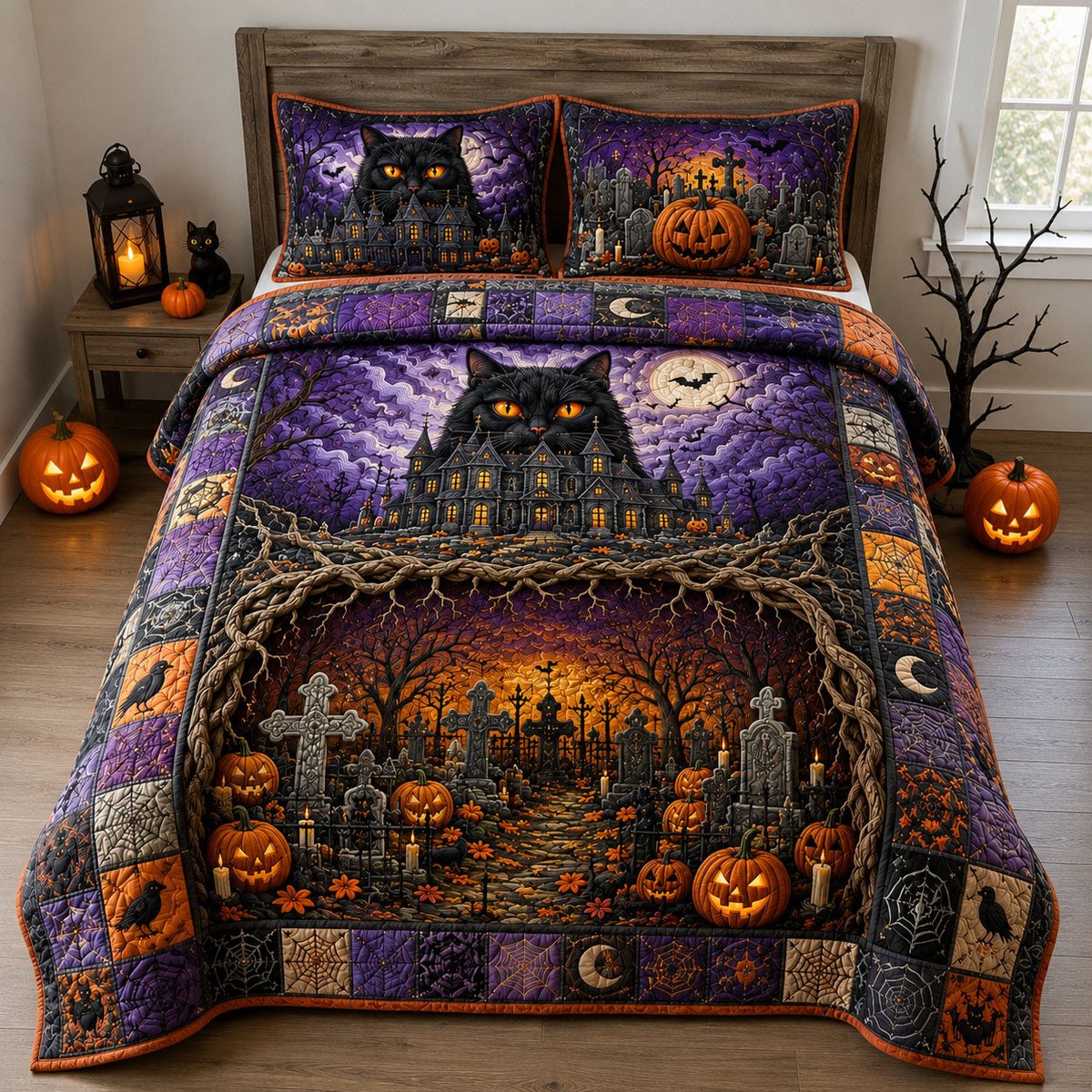 Black Cat Haunted Graveyard 3 Piece Quilted Bedding Set Halloween Gift For Cat Lovers