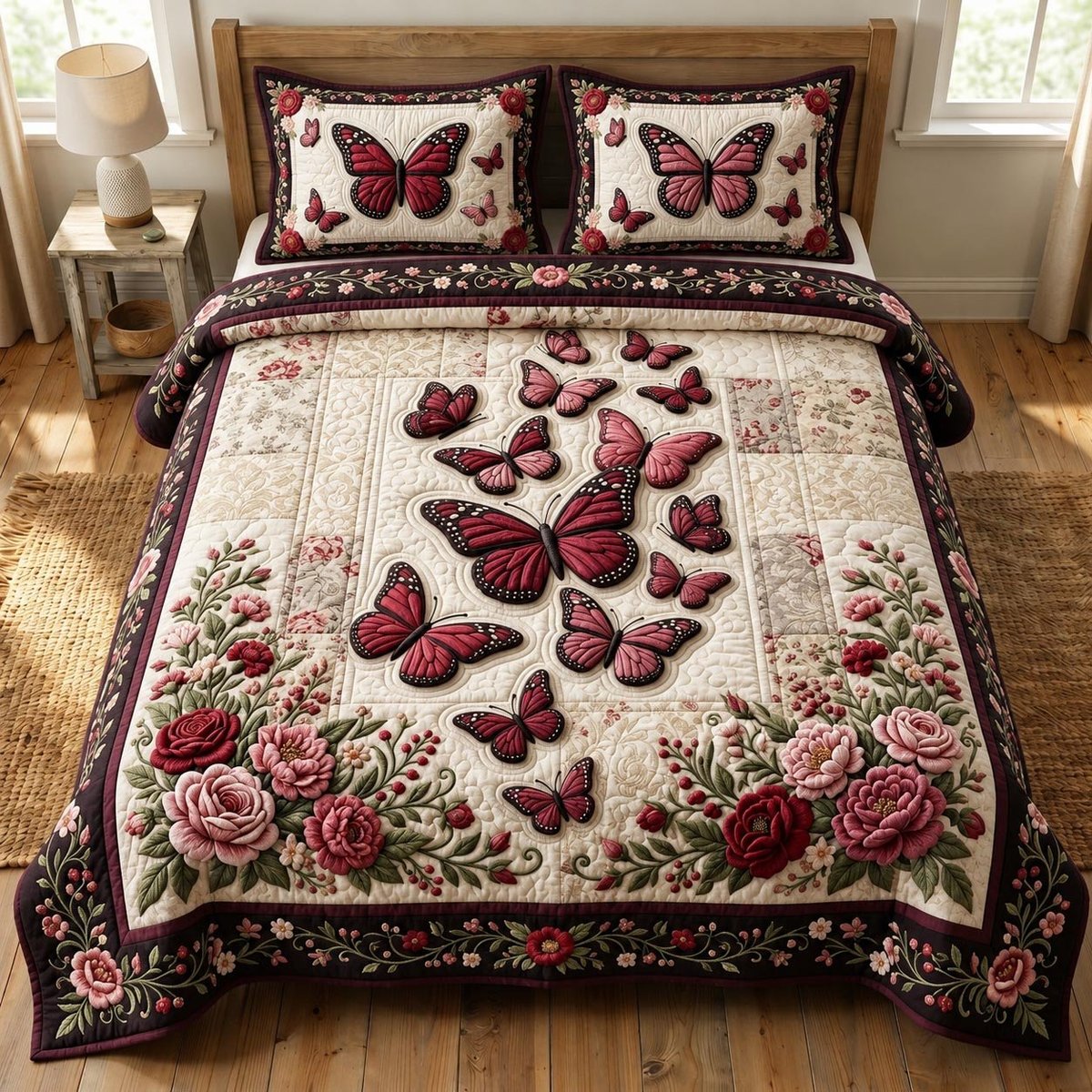 Butterfly Garden 3 Piece Quilted Bedding Set Gift For Butterfly Lovers
