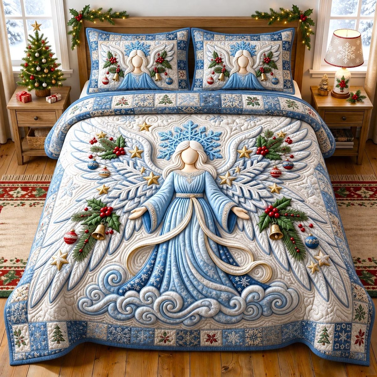 Angel Christian 3 Piece Quilted Bedding Set Christmas Gift For Holiday Decor Lovers