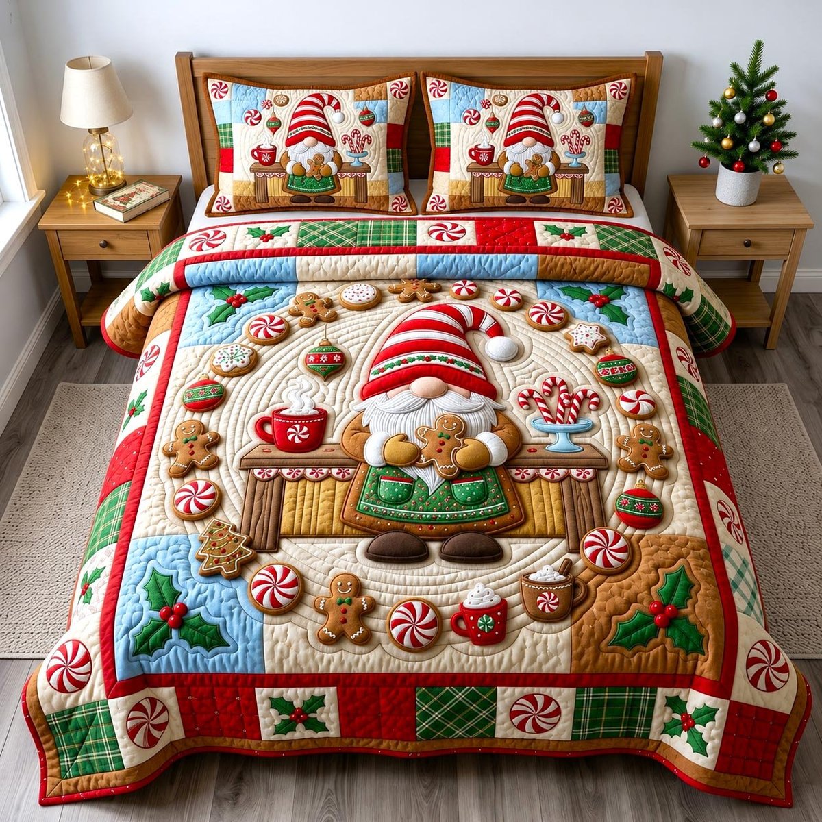 Festive Gnome 3 Piece Quilted Bedding Set Christmas Gift For Holiday Decor Lovers