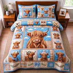 Winter Highland 3 Piece Quilted Bedding Set Christmas Gift For Cow Lovers