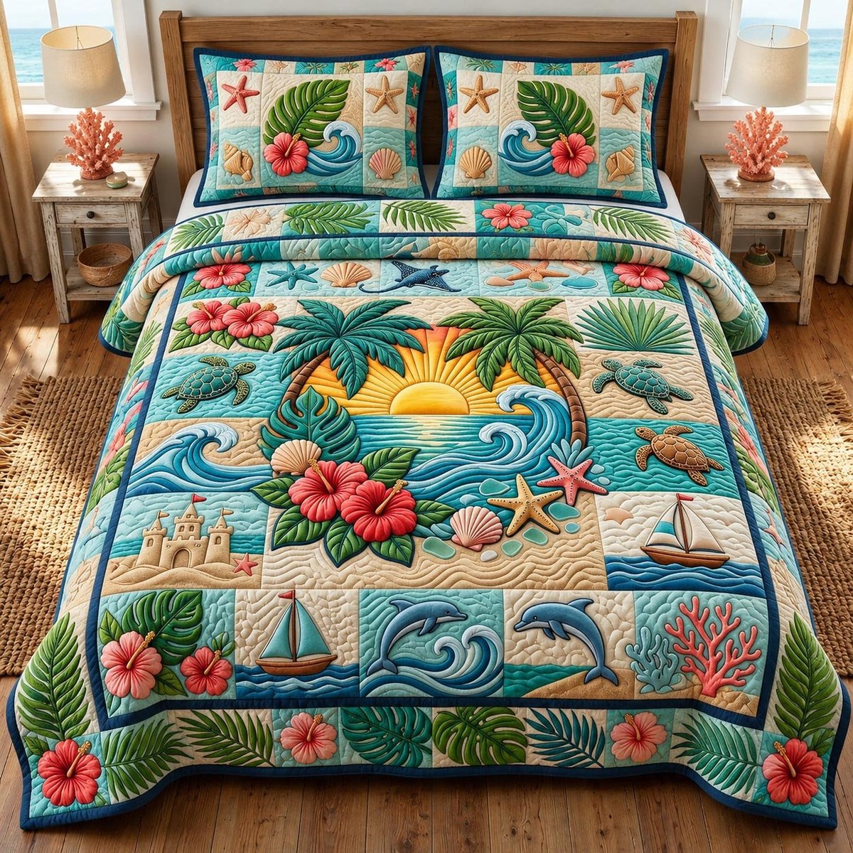 Coastal Whisper Beach 3 Piece Quilted Bedding Set Gift For Beach Lovers
