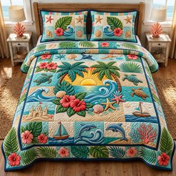 Coastal Whisper Beach 3 Piece Quilted Bedding Set Gift For Beach Lovers