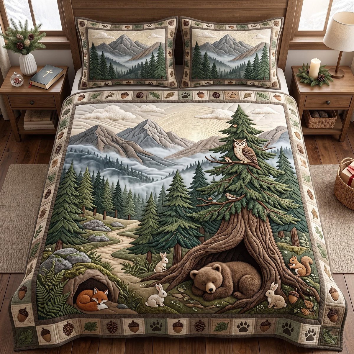 Woodland Journey 3 Piece Quilted Bedding Set Gift For Nature Lovers