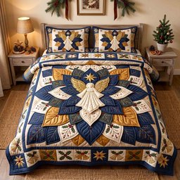 Golden Angel 3 Piece Quilted Bedding Set Gift For Holiday Decor Lovers