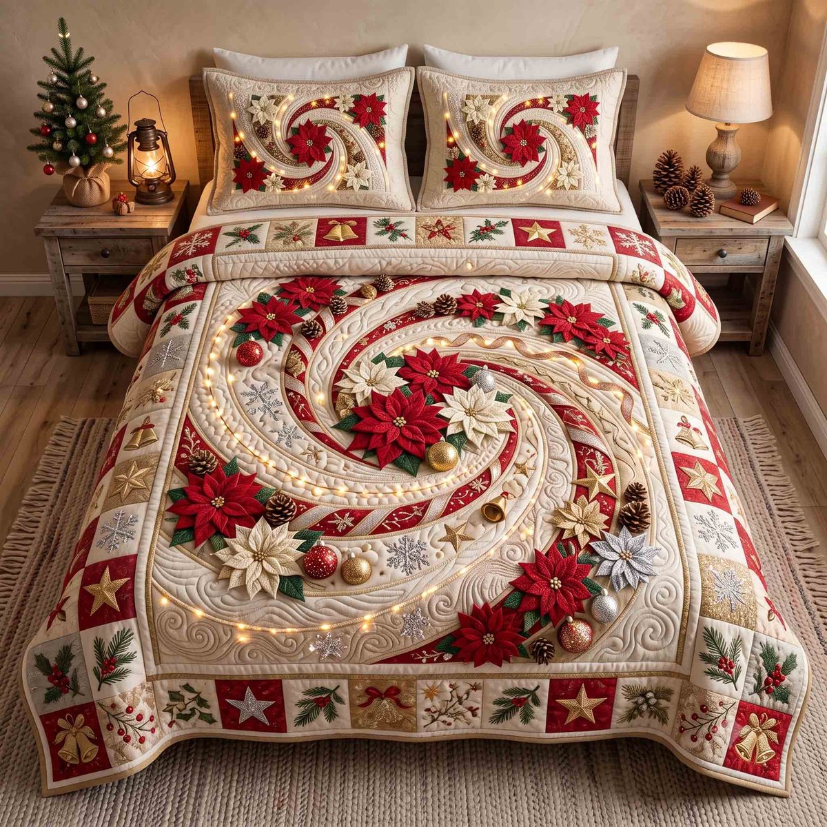 Poinsettia Charm 3 Piece Quilted Bedding Set Gift For Holiday Decor Lovers