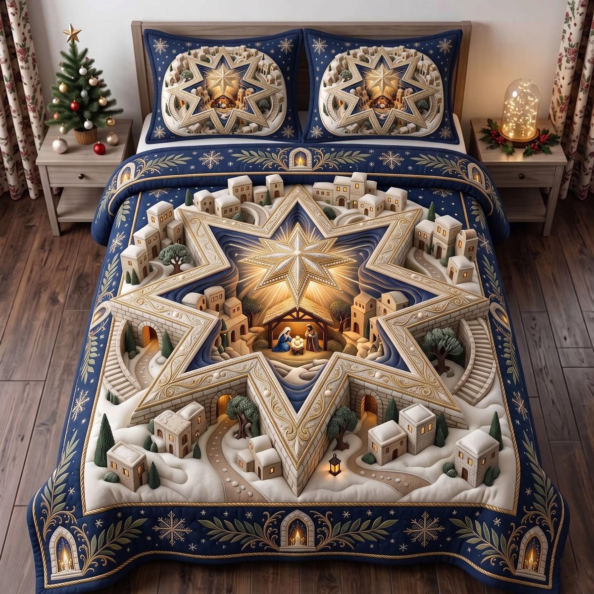 Star Nativity 3 Piece Quilted Bedding Set Christmas Gift For Christians