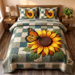 Sunflower Monarch 3 Piece Quilted Bedding Set Gift For Flower Lovers