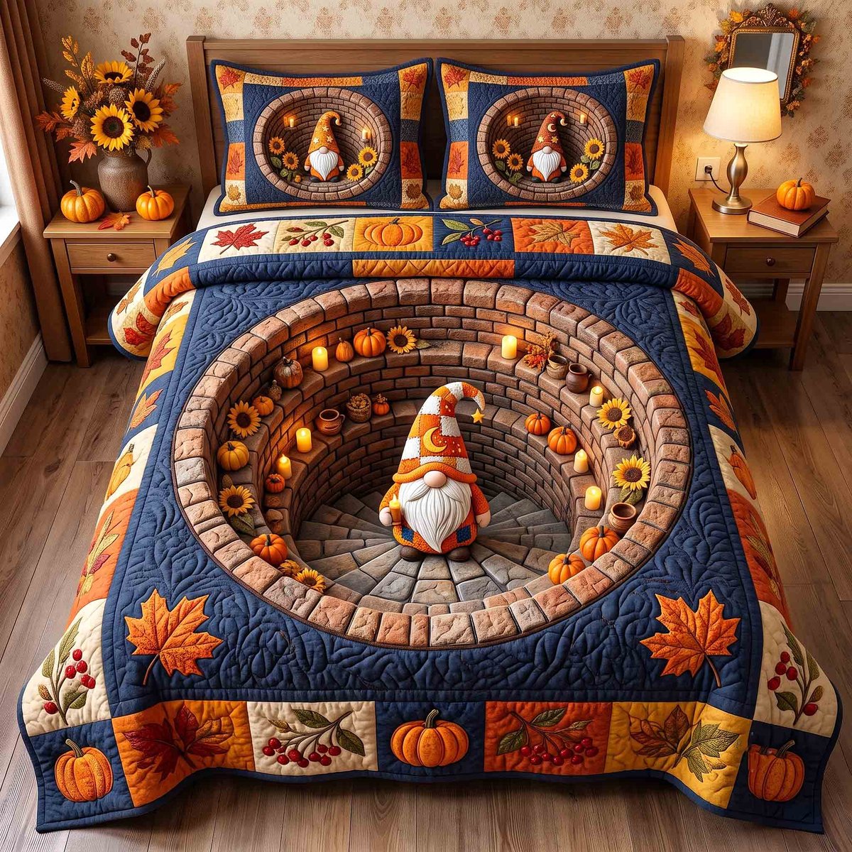 Fall Gnome 3 Piece Quilted Bedding Set Gift For Holiday Decor Lovers