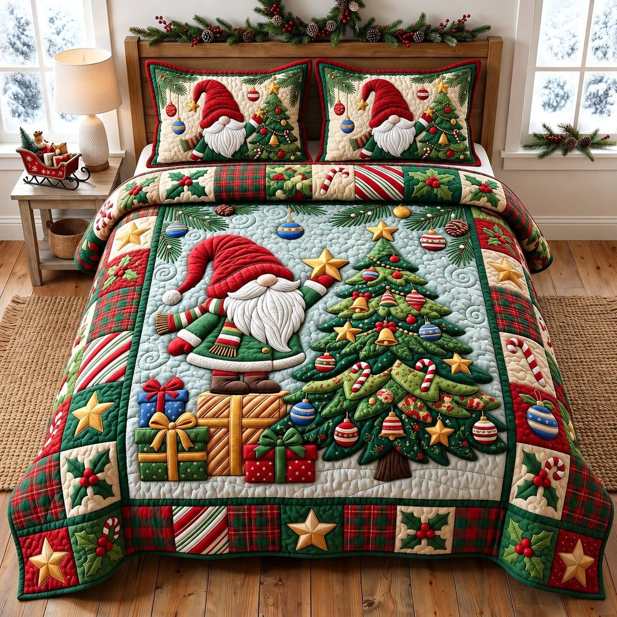 Festive Gnome 3 Piece Quilted Bedding Set Christmas Gift For Holiday Decor Lovers